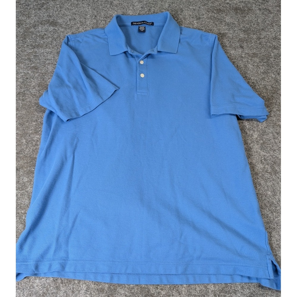 Devon & Jones Short Sleeve Knit Polo Shirt Blue Men's Large 100% Cotton